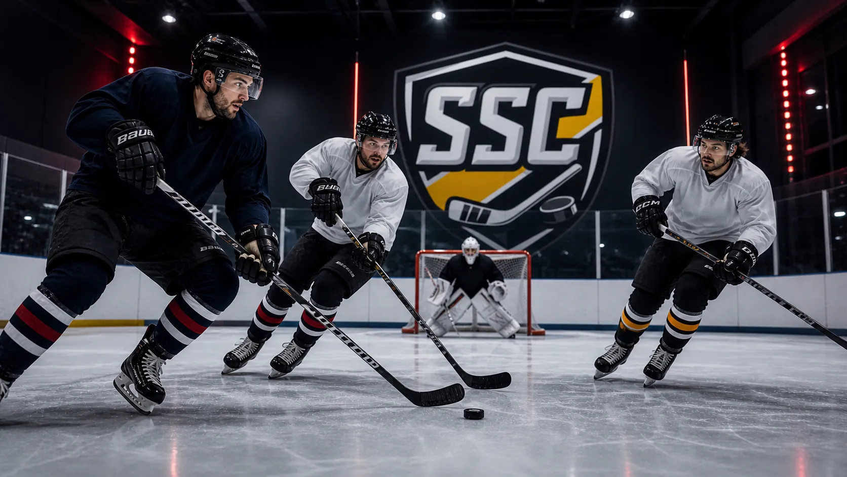 Hobby hokejisté hrají rychlý mini hokej v centru Silesia Skills Center